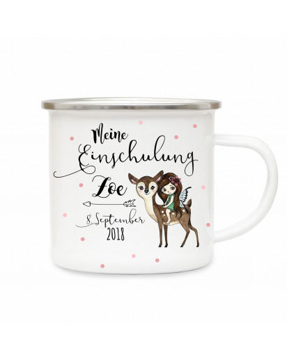 Emaille Becher Camping Tasse Elfe Fee auf Reh & Spruch meine Einschulung Kaffeetasse Geschenk mit Name Wunschname & Datum eb196