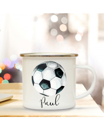 Emaille Becher Camping Tasse Fußball Kaffeetasse Geschenk für Fußballer & Fußballerin mit Name Wunschname eb198