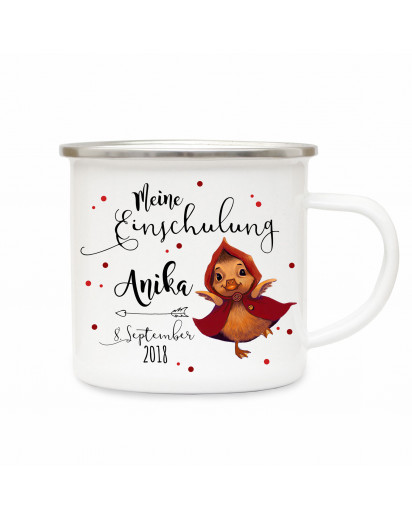 Emaille Becher Camping Tasse Ente Entchen mit Mantel mit Spruch meine Einschulung Kaffeetasse Geschenk eb201