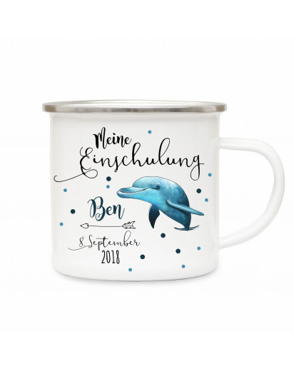 Emaille Becher Delphin Einschulung Camping Tasse Delfin mit Spruch meine Einschulung Kaffeetasse Geschenk eb203