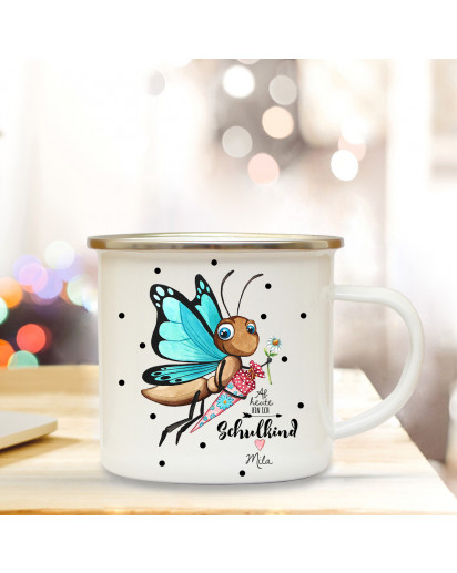 Emaillebecher Schmetterling Campingbecher Kaffeebecher mit Spruch "Schulkind" eb205