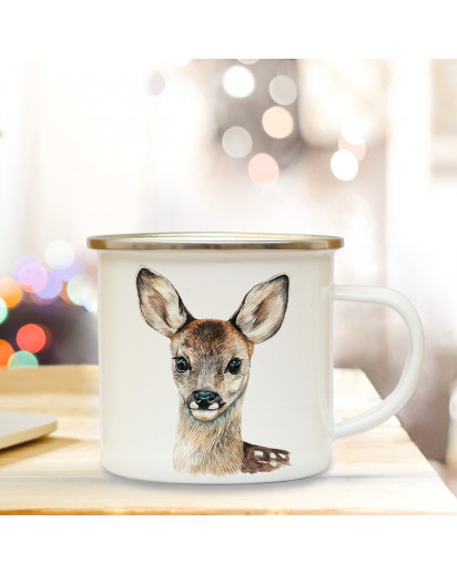 Emaillebecher mit Reh Rehkitz Motiv Campingtasse Rehkitztasse Becher Kaffeetasse Geschenk eb217