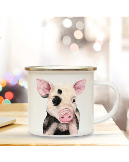 Emaillebecher mit Schwein Schweinchen Motiv Campingtasse Schweinchentasse Becher Schweinchenbecher Kaffeetasse Geschenk eb225