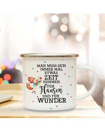 Emaillebecher Motto Flausen & Wunder Campingtasse mit Spruch & Fuchs Kaffeetasse Geschenk eb246