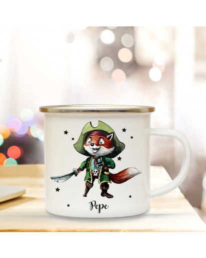 Emaillebecher mit Pirat Fuchs & Name Wunschname Campingtasse mit Füchschen Kaffeetasse Geschenk eb249