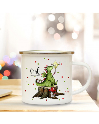 Emaillebecher mit Drache Drachen & Name Wunschname Campingtasse mit Punkte Kaffeetasse Geschenk eb252