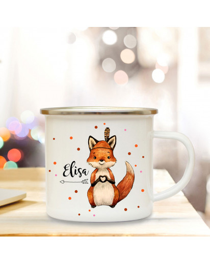 Emaillebecher mit Fuchs Herz & Name Wunschname Campingtasse mit Füchschen Kaffeetasse Geschenk eb253