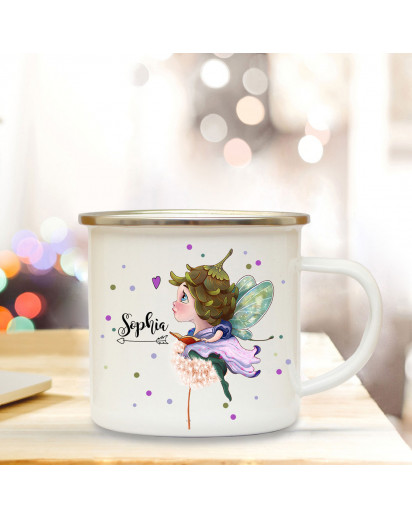 Emaillebecher mit Elfe Fee Pusteblume & Name Wunschname Campingtasse mit Punkte Kaffeetasse Geschenk eb255