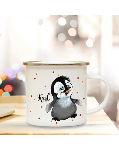 Emaillebecher mit Pinguin & Name Wunschname Campingtasse mit Punkte Kaffeetasse Geschenk eb256