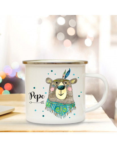 Emaillebecher mit Boho Bär & Name Wunschname Campingtasse mit Punkte Kaffeetasse Geschenk eb257