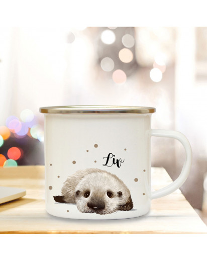 Emaillebecher mit Otter Baby & Name Wunschname Campingtasse mit Punkte Kaffeetasse Geschenk eb259