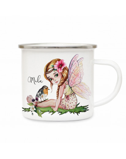 Emaillebecher mit Elfe Fee Vogel & Name Wunschname Campingtasse Elfen Kaffeetasse Geschenk eb262