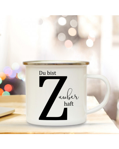 Emaille Tasse Emaillebecher Kaffeebecher mit Buchstabe Z und Spruch Zauberhaft Campingtasse Geschenk eb277