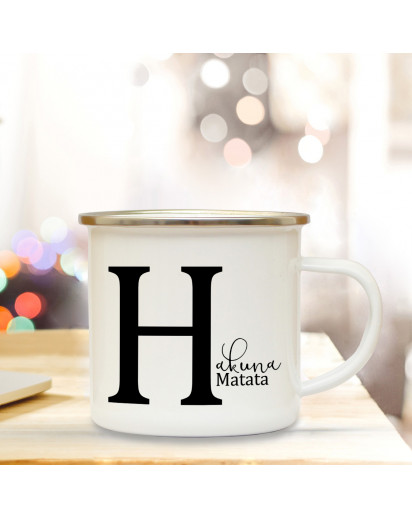 Emaille Tasse Emaillebecher Kaffeebecher mit Buchstabe H und Spruch Hakuna Matata Campingtasse Geschenk eb279