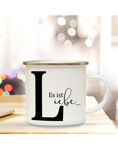 Emaille Tasse Emaillebecher Kaffeebecher mit Buchstabe L und Spruch Es ist Liebe Campingtasse Geschenk eb280