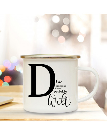 Emaille Tasse Emaillebecher Kaffeebecher mit Buchstabe D und Spruch Du perfekte Welt Campingtasse Geschenk eb281