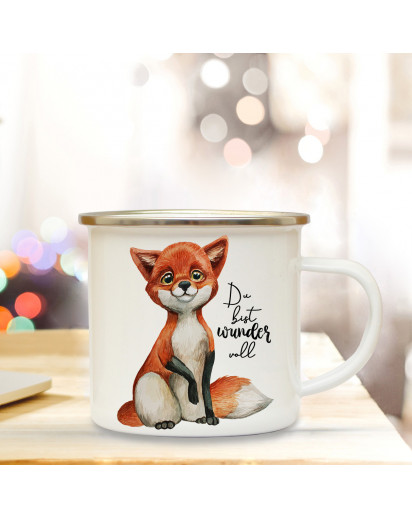 Emaille Becher Camping Tasse Fuchs mit Spruch Du bist wundervoll Kaffeetasse Geschenk eb282