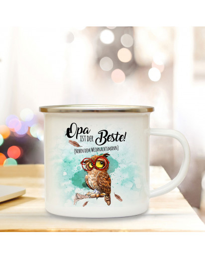 Emaille Becher Camping Tasse Eule mit Brille & Spruch Opa ist der Beste Kaffeetasse Geschenk eb285