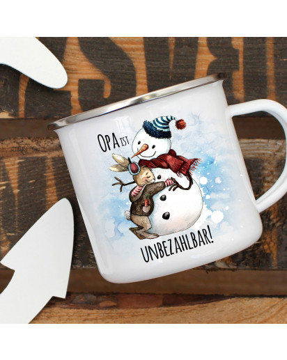 Emaille Becher Camping Tasse Schneemann mit Hase & Spruch Opa ist unbezahlbar Kaffeetasse Geschenk eb286