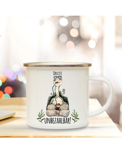 Emaille Becher Camping Tasse mit Schildkröte & Spruch Opa ist unbezahlbar Kaffeetasse Geschenk eb287