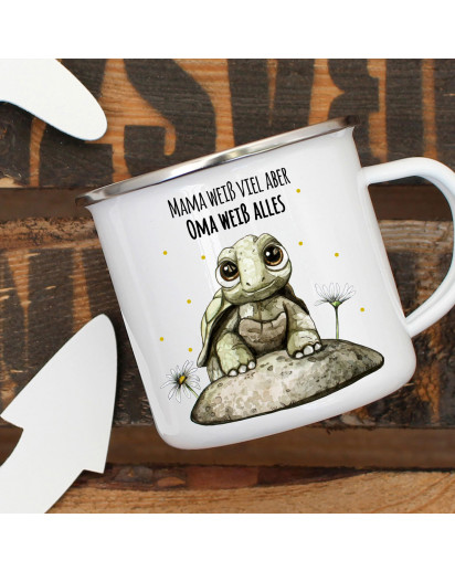 Emaille Becher Camping Tasse mit Babyschildkröte & Spruch Mama weiß viel Oma alles Kaffeetasse Geschenk eb288