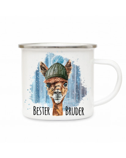 Emaille Becher Camping Tasse Lama mit Mütze & Spruch Bester Bruder Kaffeetasse Geschenk eb293