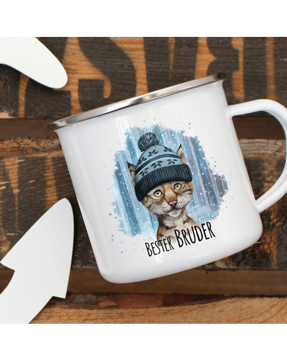 Emaille Becher Camping Tasse Luchs mit Mütze & Spruch Bester Bruder Kaffeetasse Geschenk eb294