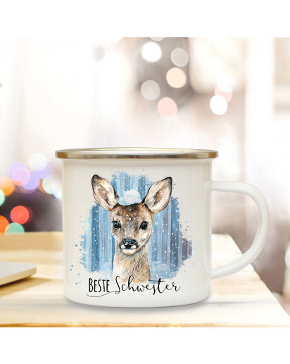 Emaille Becher Camping Tasse Reh Rehkitz mit Schnee & Spruch Beste Schwester Kaffeetasse Geschenk eb295