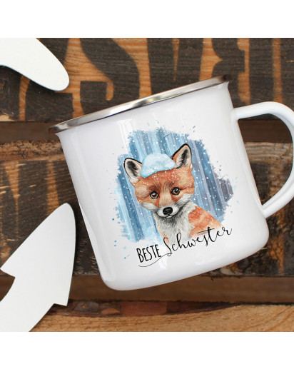 Emaille Becher Camping Tasse Fuchs mit Schnee & Spruch Beste Schwester Kaffeetasse Geschenk eb296