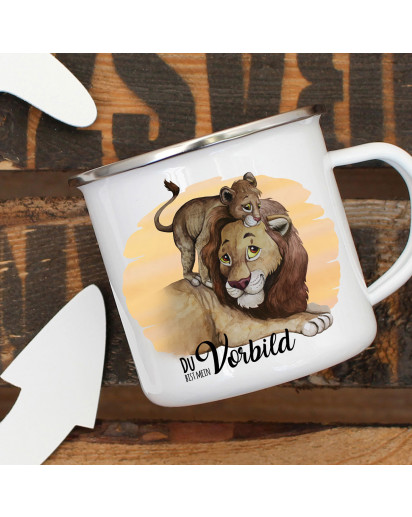 Emaille Becher Camping Tasse Löwe mit Junges & Spruch Du bist mein Vorbild Kaffeetasse Geschenk eb298
