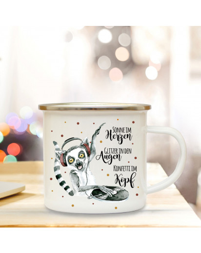 Emaille Becher Camping Tasse Lemur Affe Äffchen DJ & Spruch Konfetti im Kopf Kaffeetasse Geschenk Spruchecher eb304