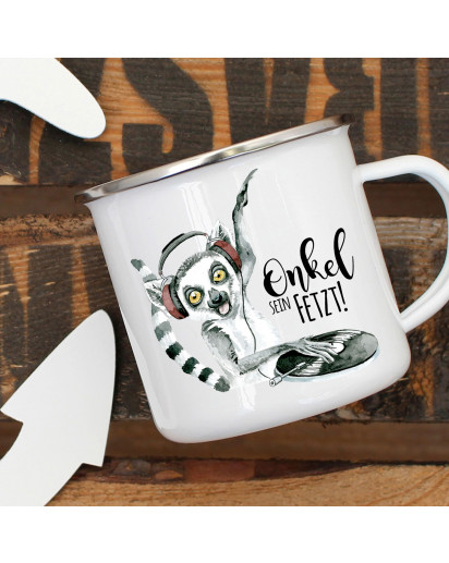 Emaille Becher Camping Tasse Lemur Affe Äffchen & Spruch Onkel sein fetzt Kaffeetasse Geschenk Spruchecher eb305