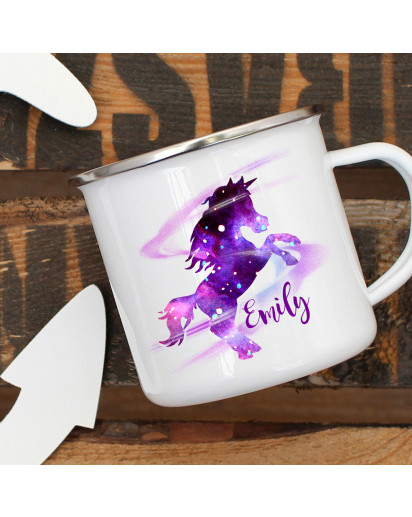 Emaille Becher Camping Tasse mit galaktisches Einhorn Galaxie & Wunschname Name Kaffeetasse Geschenk eb311