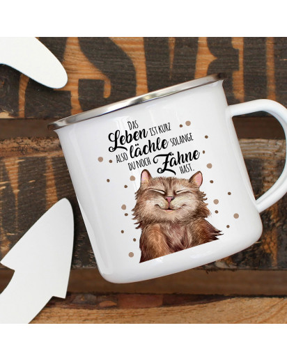 Emaille Becher Camping Tasse mit Katze Kater & Spruch lächle solange du Zähne hast Kaffeetasse Geschenk Spruchbecher eb317