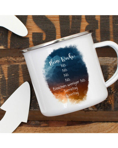 Emaille Becher Camping Tasse mit Spruch Meine Woche nö Kaffeetasse Geschenk Spruchbecher eb319