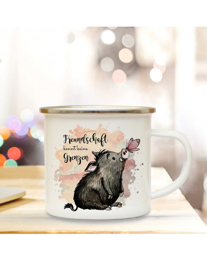 Emaille Becher Camping Tasse Schwein & Schmetterling Spruch Freundschaft Kaffeetasse Geschenk Spruchbecher eb320