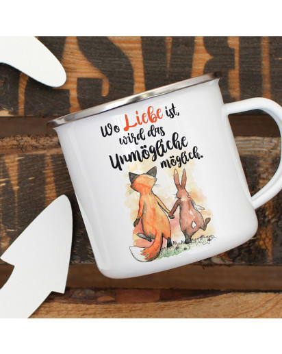 Emaille Becher Camping Tasse Fuchs & Hase Spruch Wo Liebe ist... Kaffeetasse Geschenk Spruchbecher eb322