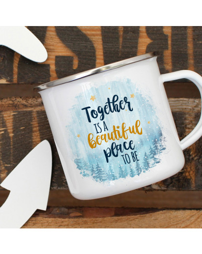 Emaille Becher Camping Tasse mit Spruch Together is a beautiful place to be Kaffeetasse Geschenk Spruchbecher eb323