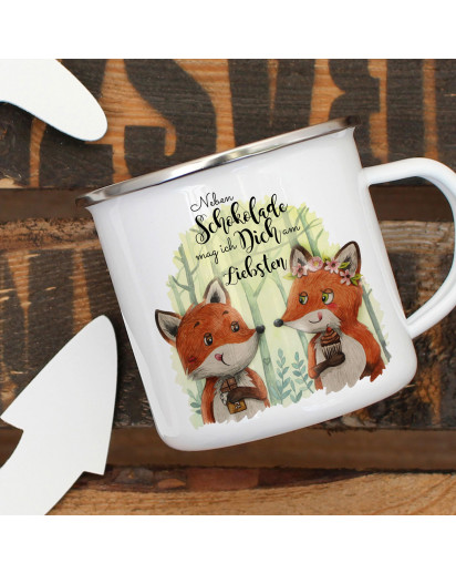 Emaille Becher Camping Tasse Fuchs Pärchen Spruch Neben Schokolade mag ich Dich... Kaffeetasse Geschenk Spruchbecher eb324