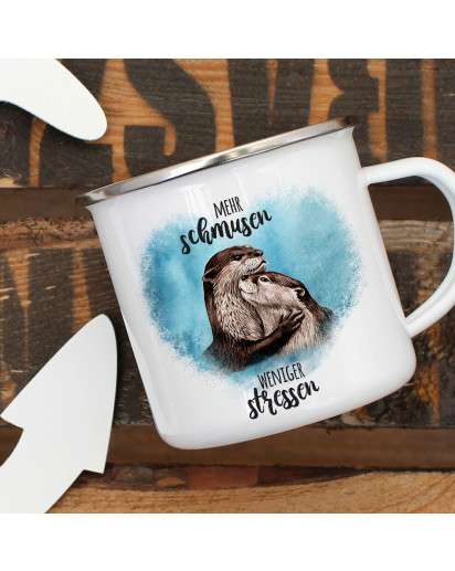 Emaille Becher Camping Tasse Otter Pärchen blau Spruch Mehr schmusen weniger stressen Kaffeetasse Geschenk Spruchbecher eb326