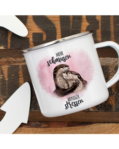 Emaille Becher Camping Tasse Otter Pärchen rosa Spruch Mehr schmusen weniger stressen Kaffeetasse Geschenk Spruchbecher eb327