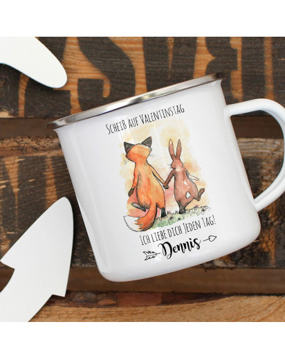 Emaille Becher Camping Tasse Fuchs Hase Pärchen Spruch Scheiß auf Valentinstag Kaffeetasse Geschenk Wunschname eb330