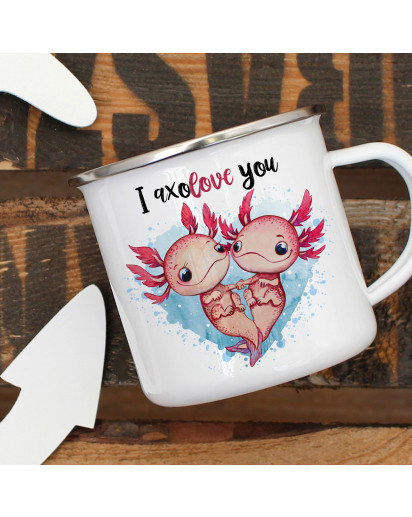 Emaille Becher Camping Tasse Motiv Axolotl Pärchen Spruch I axolove you Kaffeetasse Geschenk Spruchbecher eb331