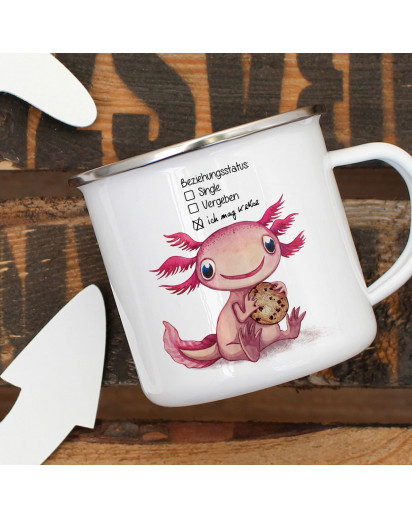 Emaille Becher Camping Tasse Motiv Axolotl Spruch Beziehungsstatus: ich mag Kekse Kaffeetasse Geschenk Spruchbecher eb333