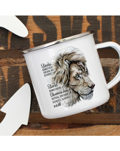 Emaille Becher Camping Tasse Motiv Löwe Löwenkopf Spruch Stärke kommt von Überwindung Kaffeetasse Geschenk Spruchbecher eb336