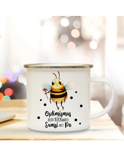 Emaille Becher Camping Tasse Motiv Biene Sumsi Spruch Optimismus rückwärts... Kaffeetasse Geschenk Spruchbecher eb340