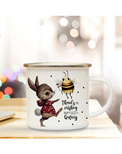 Emaille Becher Camping Tasse Motiv Hase & Biene Spruch Thanks for existing... Kaffeetasse Geschenk Spruchbecher eb341