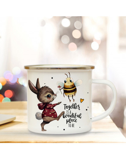 Emaille Becher Camping Tasse Motiv Hase & Biene Spruch Together is a beautiful place to be Kaffeetasse Geschenk Spruchbecher eb342