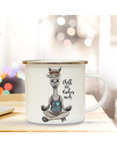 Emaille Becher Camping Tasse Motiv Alpaka Yoga Spruch Chill mal drüber nach Kaffeetasse Geschenk Spruchbecher eb344