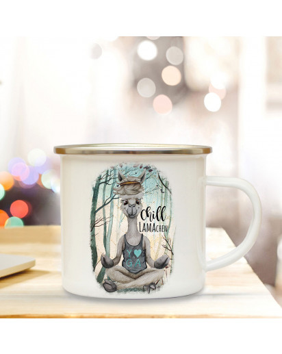 Emaille Becher Camping Tasse Motiv Lama Yoga Spruch Chill Lamachen im Wald Kaffeetasse Geschenk Spruchbecher eb346